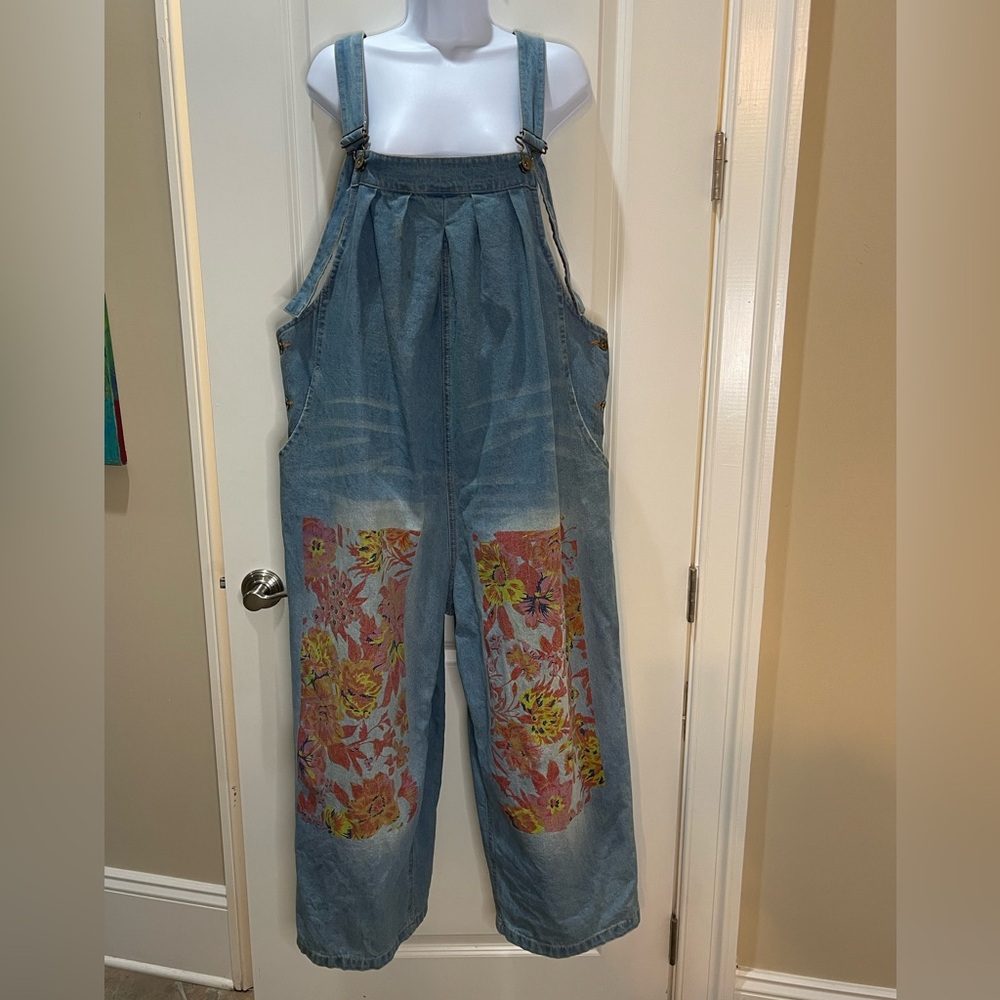 Yesno Floral Denim Overalls 100% Cotton Distressed Oversized Size XL